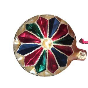 Vintage Pier 1 Hand Blown Glass Harlequin Ornament Red Blue Gold Glitter 2.5"